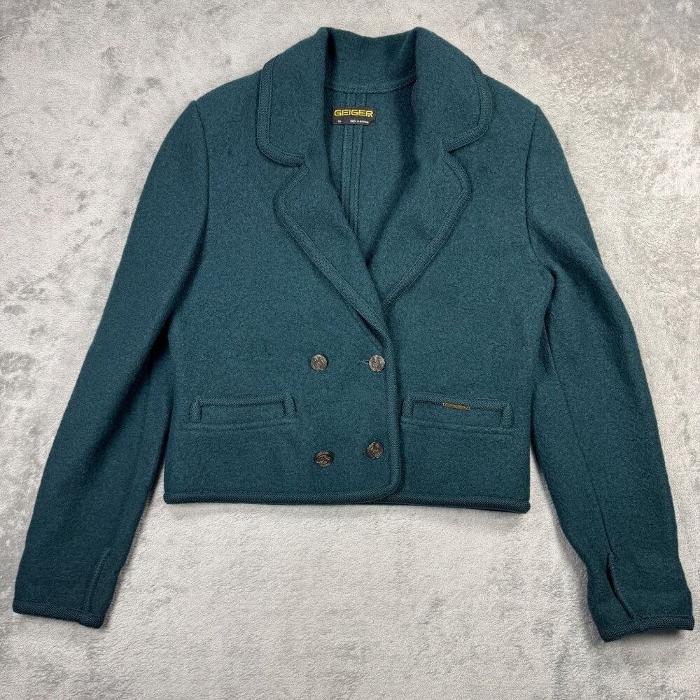 Vintage GEIGER Austria Womens Wool Double Breasted Blazer Jacket Green Size 38